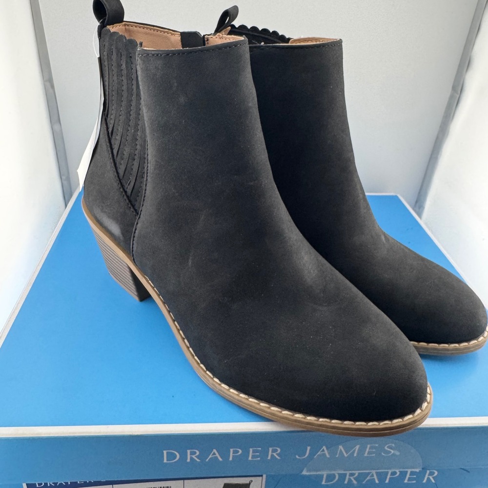 Draper James Elle Ankle Boots Women 7 Black NWT Scalloped Faux Suede Booties